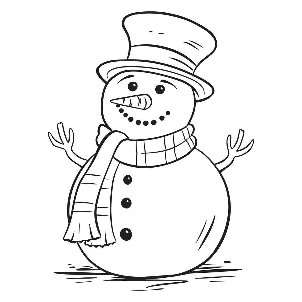 Cartoon snowman with hat and scarf in hand drawn style. vector