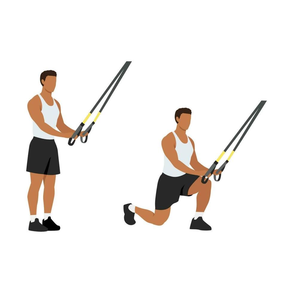 Man doing TRX Reverse lunges exercise. Flat vector illustration isolated on white background