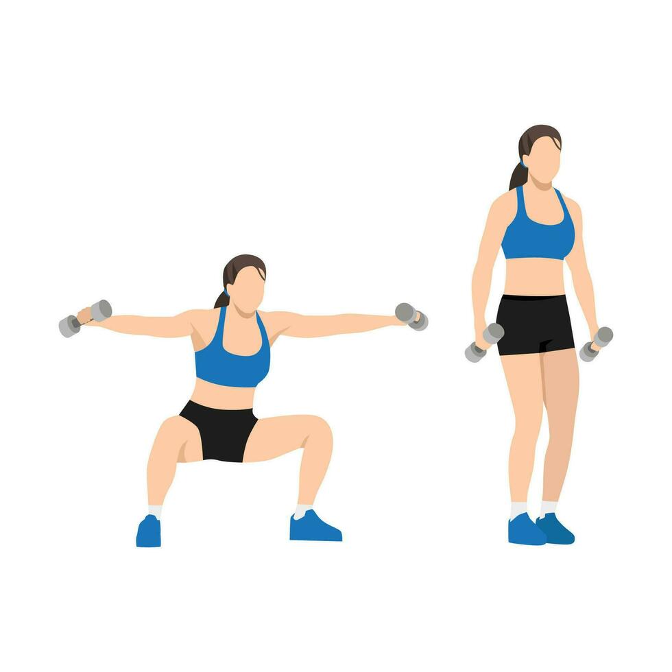 Woman doing Wide pop squat with lateral raise exercise. Flat vector illustration isolated on white background