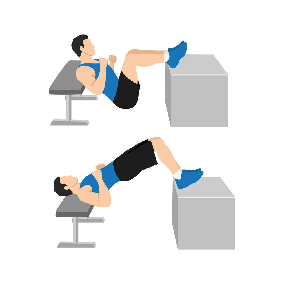 Man doing Elevated. Barbell glute bridges. Hip raises exercise. Flat vector illustration isolated on white background