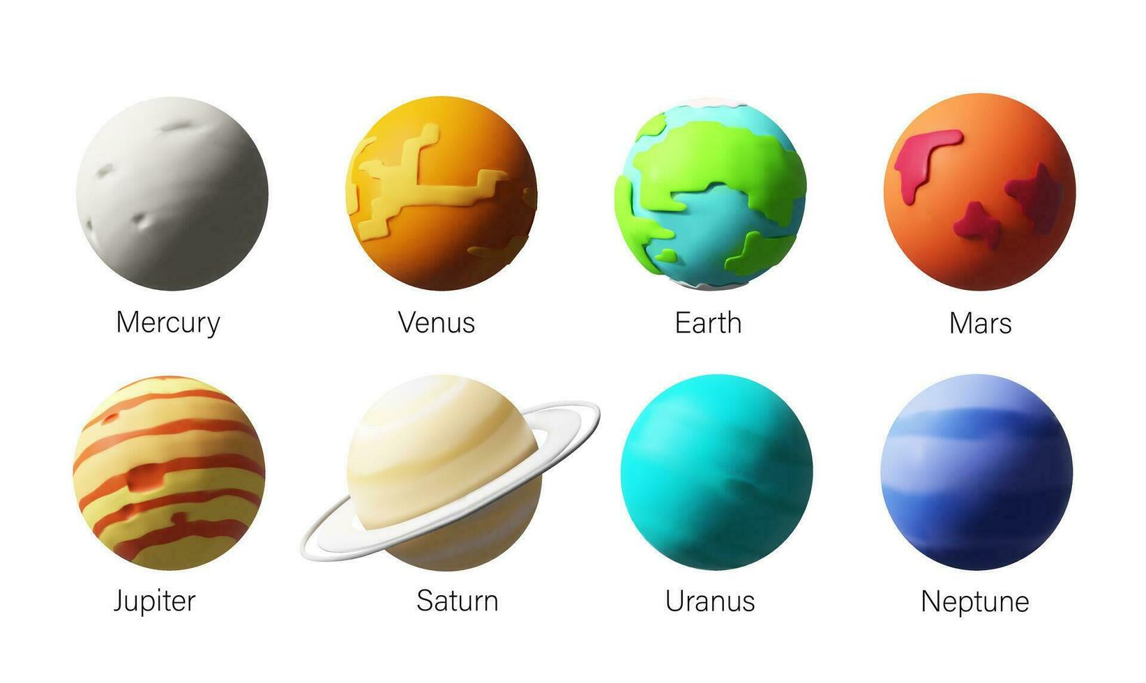 3D render Solar System planets set. Vector outer space gas giants Jupiter and Saturn, ice Uranus Neptune, Pluto. Rocky Mercury, Venus and Earth, Mars. Realistic colofful science, astronomy clay style