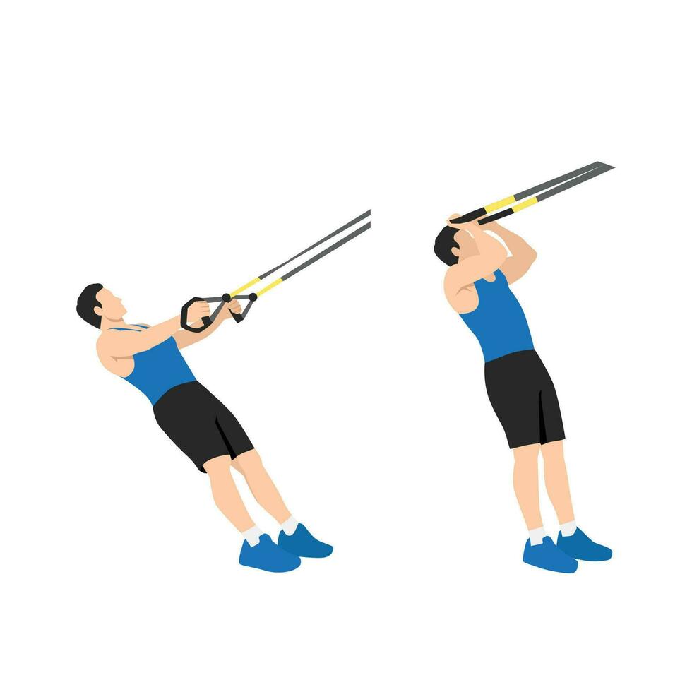 hombre haciendo trx suspensión Correa bíceps chinos ejercicio. plano vector ilustración aislado en blanco antecedentes