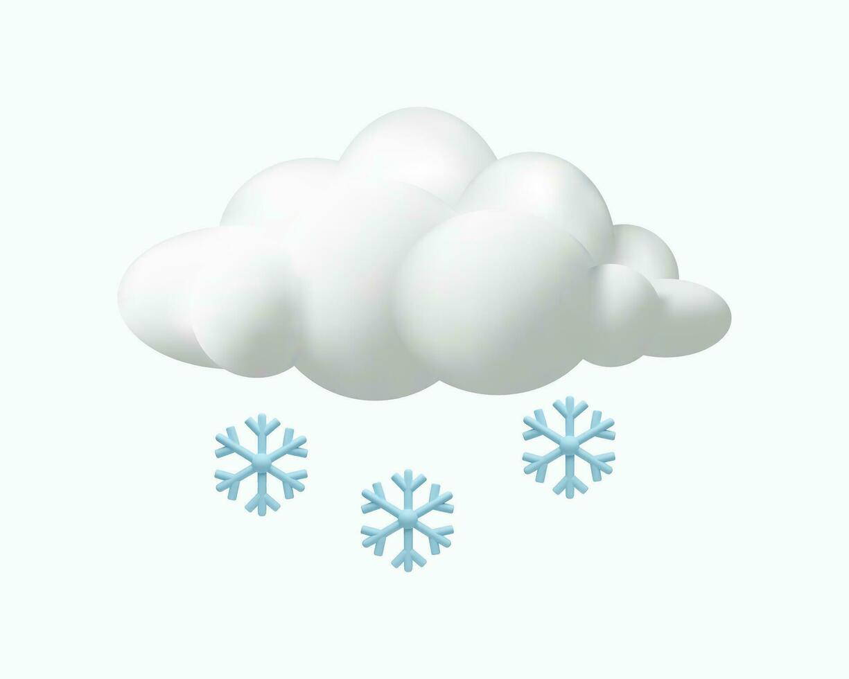 3D render snow weather. Meteorology winter season. Weather forecast about cold. Realistic snowflakes and cloud. Vector illustration in plastic style. Climate icon