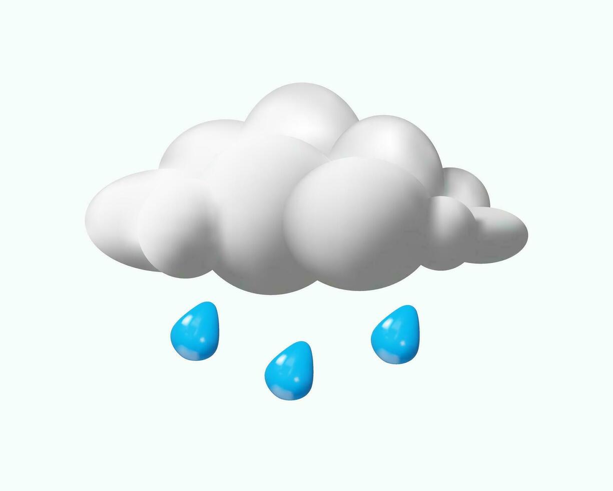 3D render rainy weather icon. Realistic raindrops and cloud. Symbol of storm, autumn season. Meteorology weather forecast. Vector illustration about rain