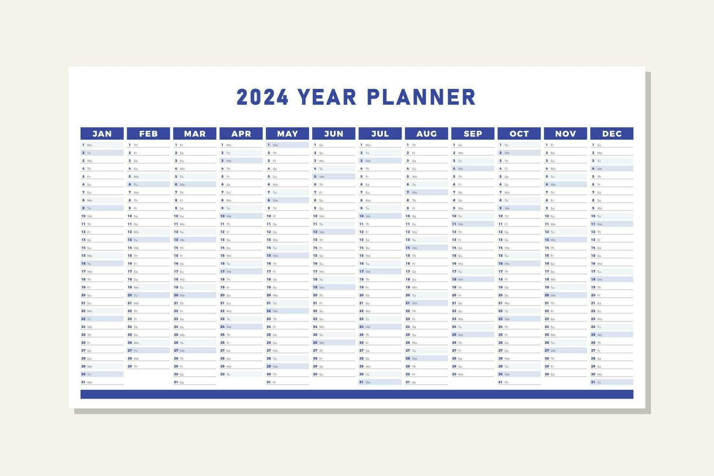 2024 year planner calendar in blue vector design template