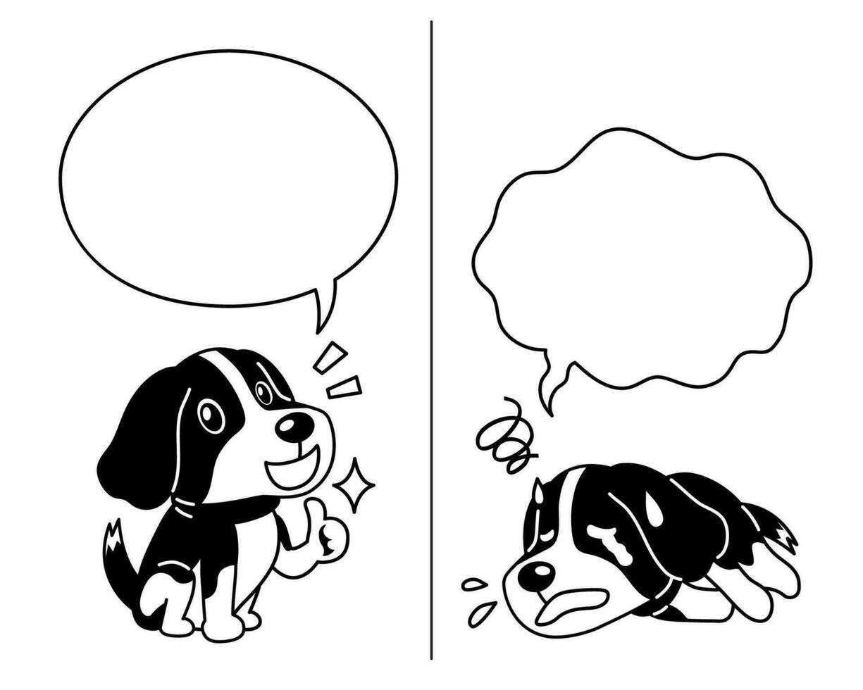 Vector cartoon character beagle dog expressing different emotions with speech bubbles