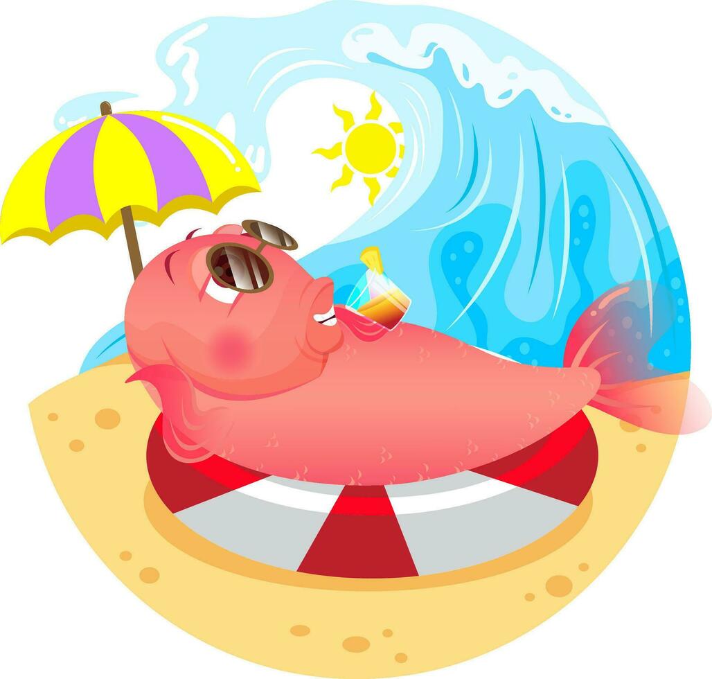 fish sunbathing on beach with sea waves vector