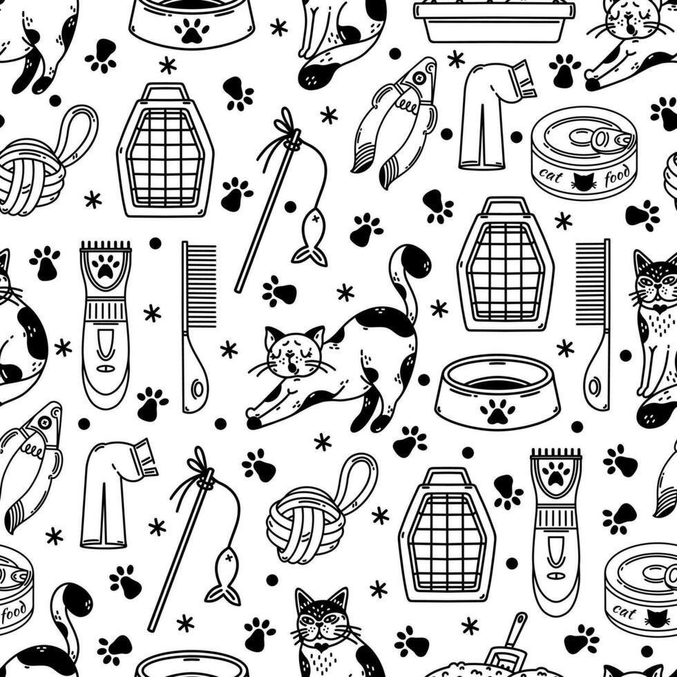 Cute cats and accessories seamless vector pattern. Goods for kittens - food, toy, paw print bowl, shaver, litter box tray. Veterinary and grooming. Black and white background for poster, pet shop, web