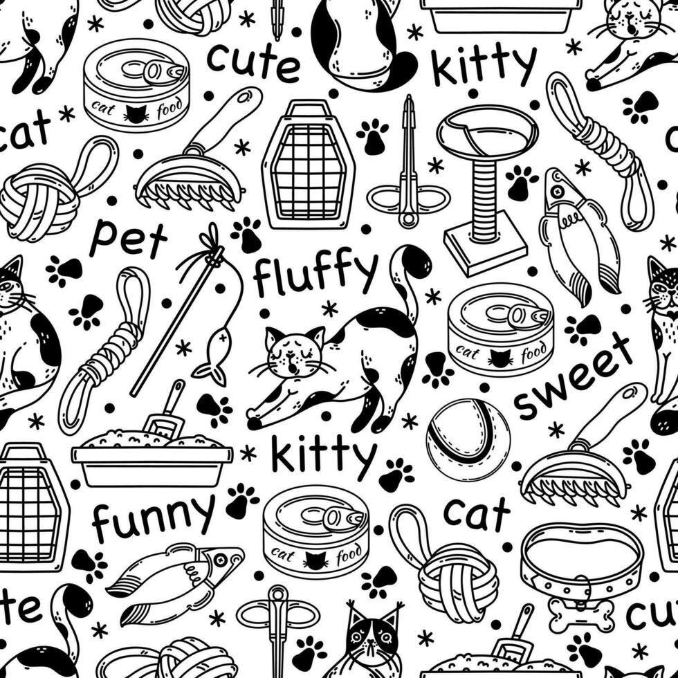 Cats and pet accessories seamless vector pattern. Goods for domestic animals - food, toys, scratching post, dematting comb, pill giver. Grooming and veterinary for a kitty. Black and white background