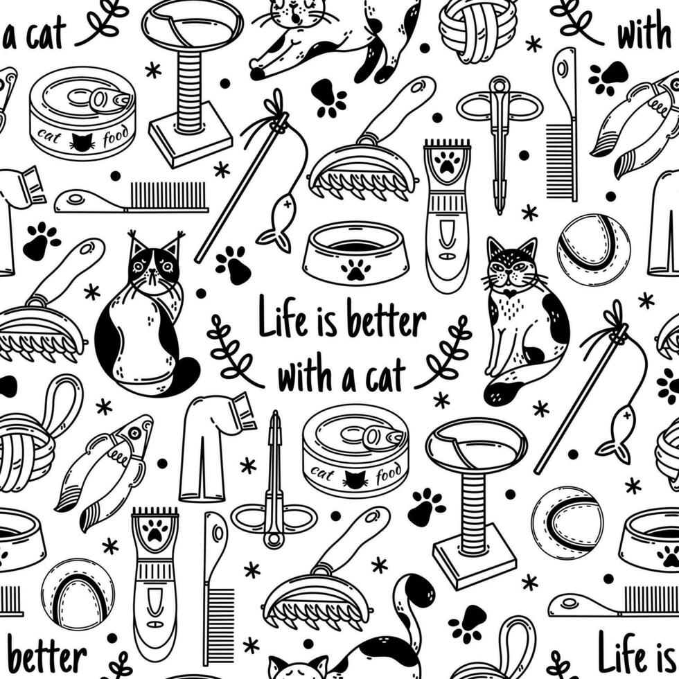 Life is better with a cat seamless vector pattern. Goods for pet - food, toy, bowl with paw print, scratching post, shaver, teaser, comb. Grooming and veterinary for animal. Black and white background