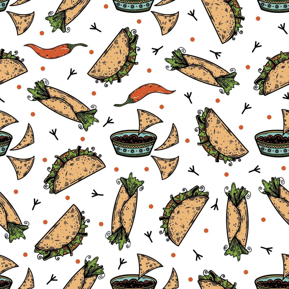 Mexican traditional fast food seamless vector pattern. Fresh burrito, taco, nachos, hot chili. National spicy meal with meat, sauce, tortilla. Tasty street snack. Background for posters, menu, print