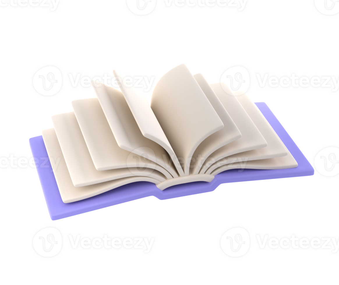 3d icon open book school, diary with white paper blank pages and bookmark. Cartoon minimal style isolated transparent png