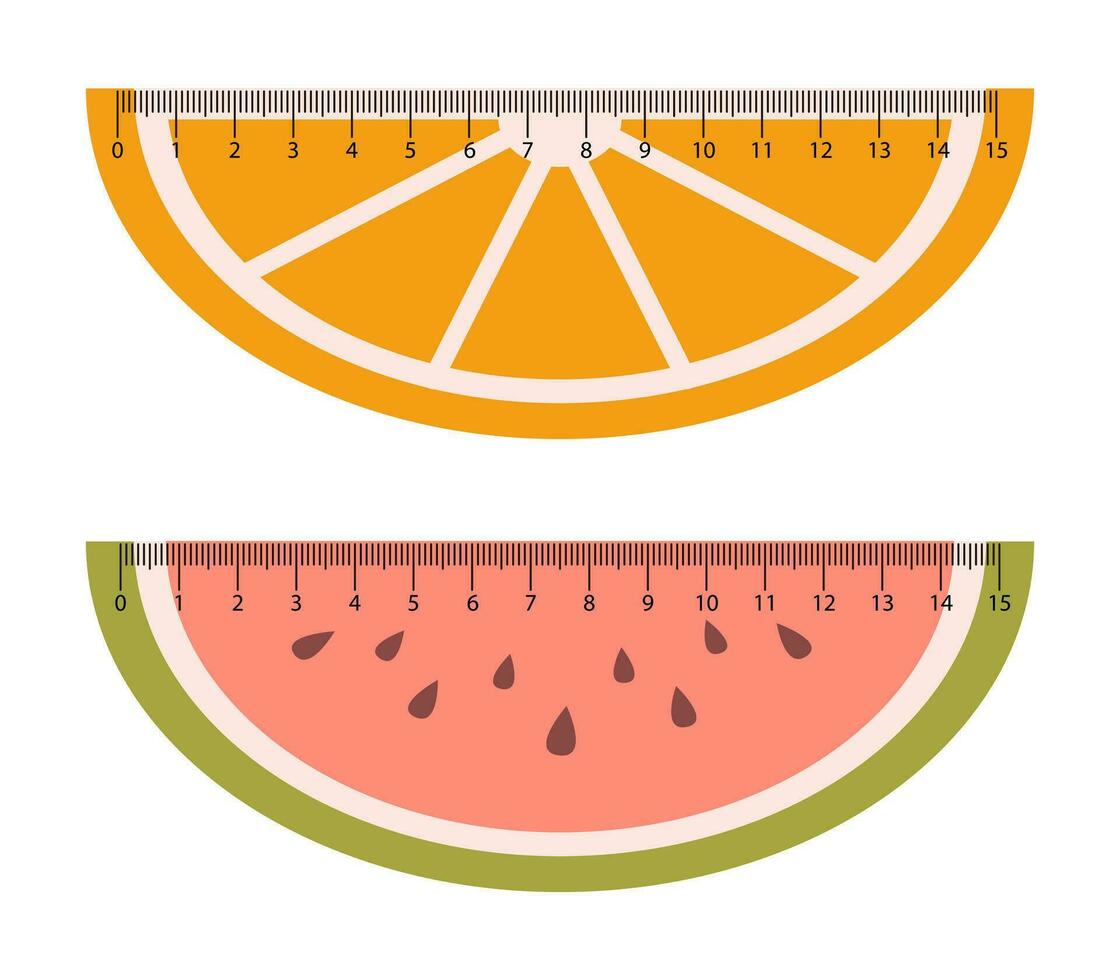 Vector set with measuring rulers in shape of fruits. Orange and watermelon slice school rules. Studying measuring tool with cute fruits.