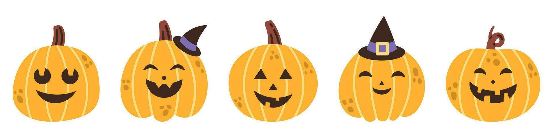 Vector halloween pumpkin set. Collection of halloween pumpkins in witch hats in flat design. Scary and spooky faces. Jack o lantern. Funny smiling pumpkins for halloween night.