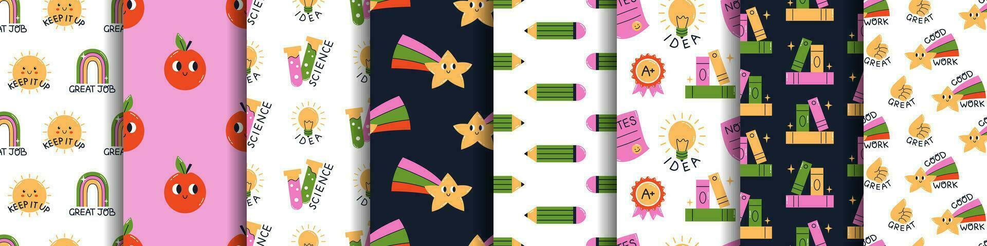 Vector set of trendy school seamless patterns. Backgrounds with motivational elements. Cute funny patterns or prints. Back to school or university designs. Motivation to study and education patterns.