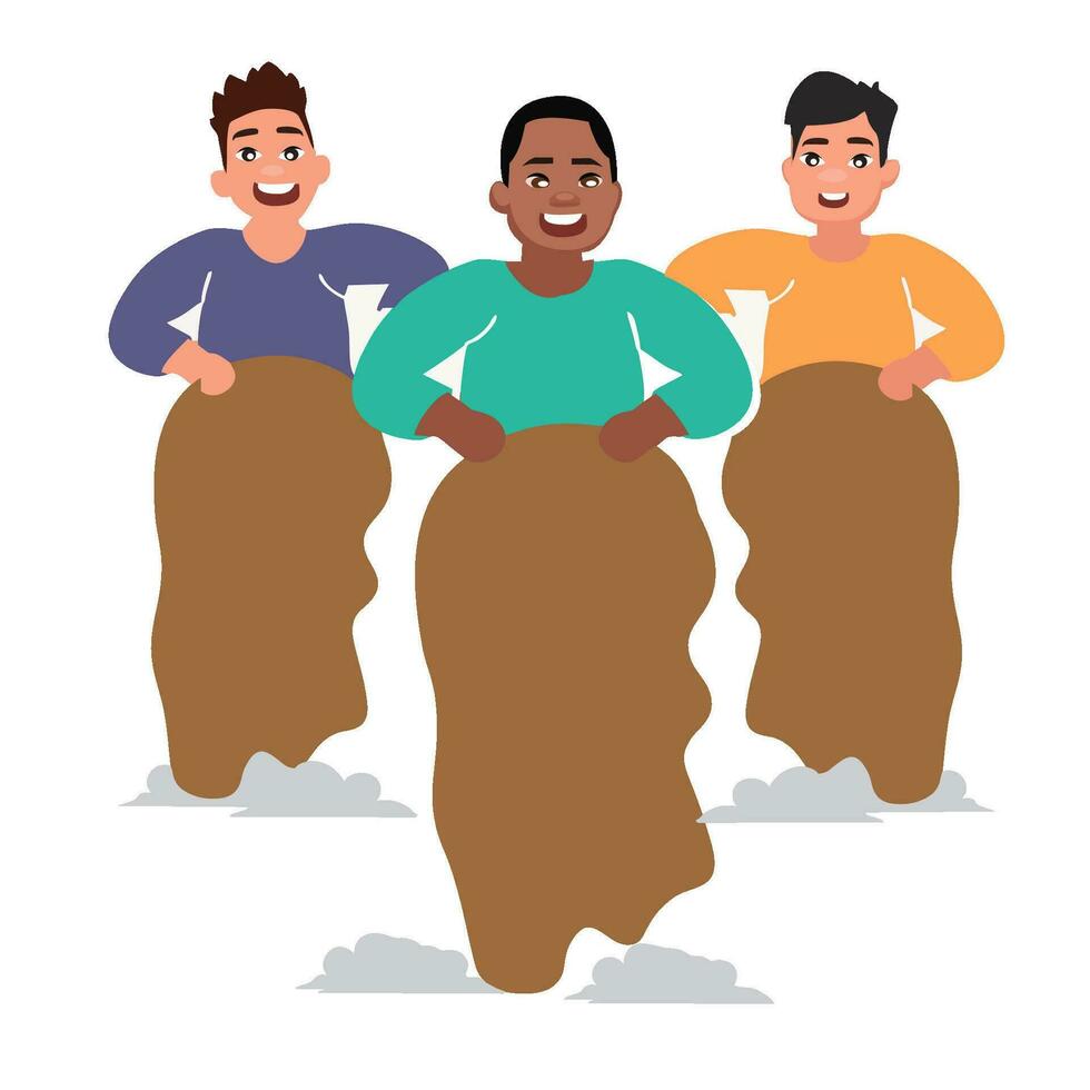 People celebrate Indonesian Independence Day with participating in Sack Race Competition or Lomba Balap Karung at 17 august. Vector cartoon illustration Indonesia Independence Day. Poster, banner, web