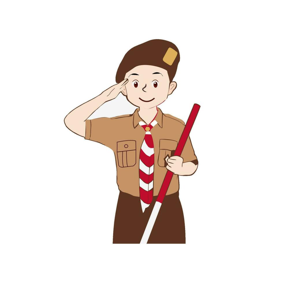 Cute Indonesian Pramuka Scout Who is being respectful Wearing Brown Uniform Hat. Cartoon Vector Illustration students in scout uniforms