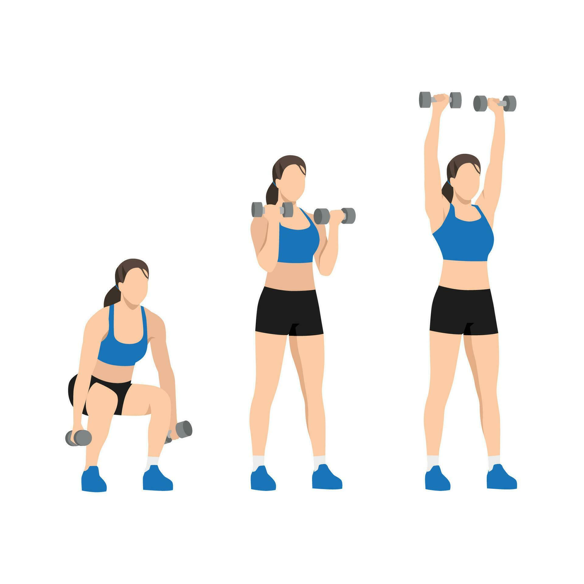 Woman doing Squat to curl to press exercise. Flat vector illustration