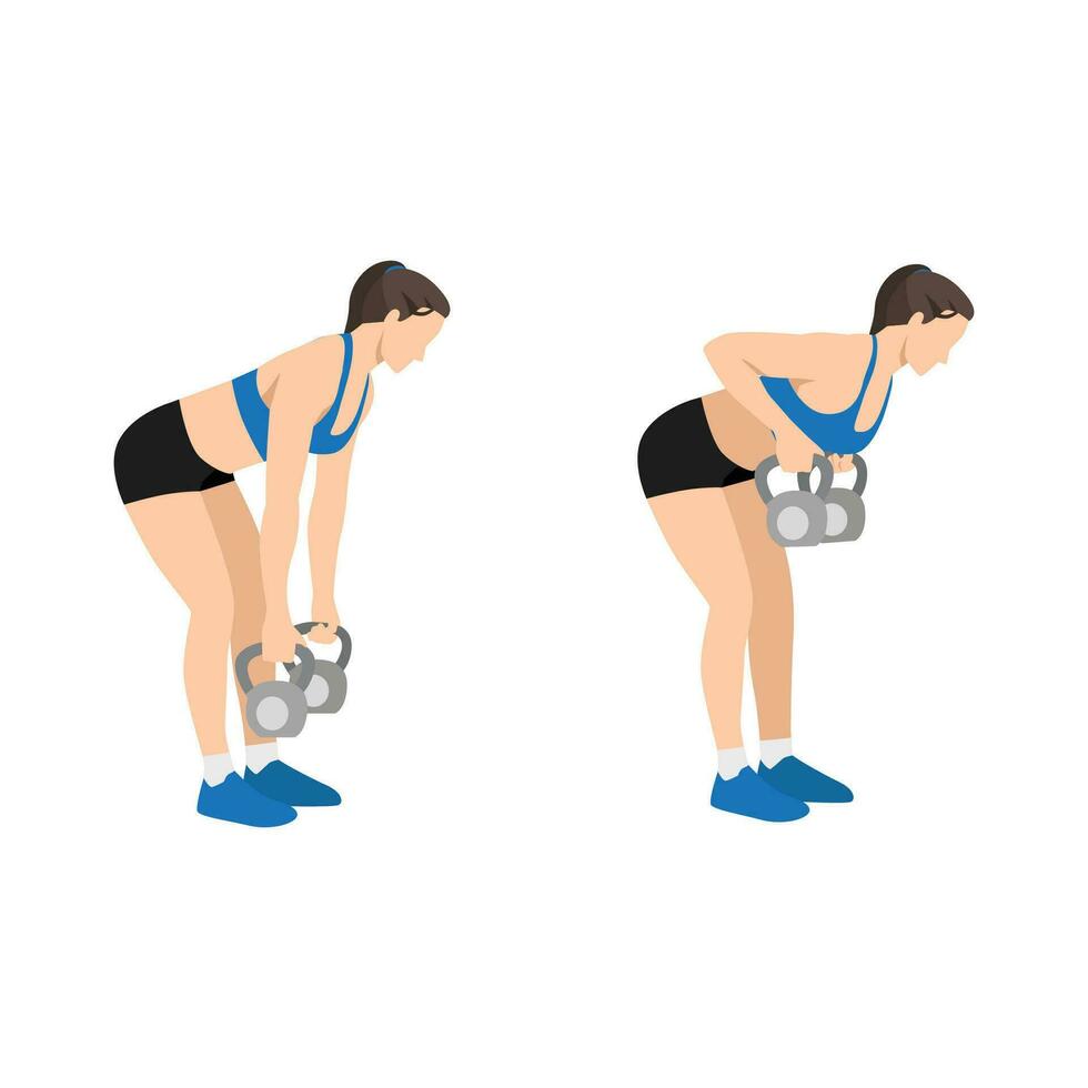 Woman doing Two arm kettlebell row exercise. Flat vector illustration isolated on white background. workout character set