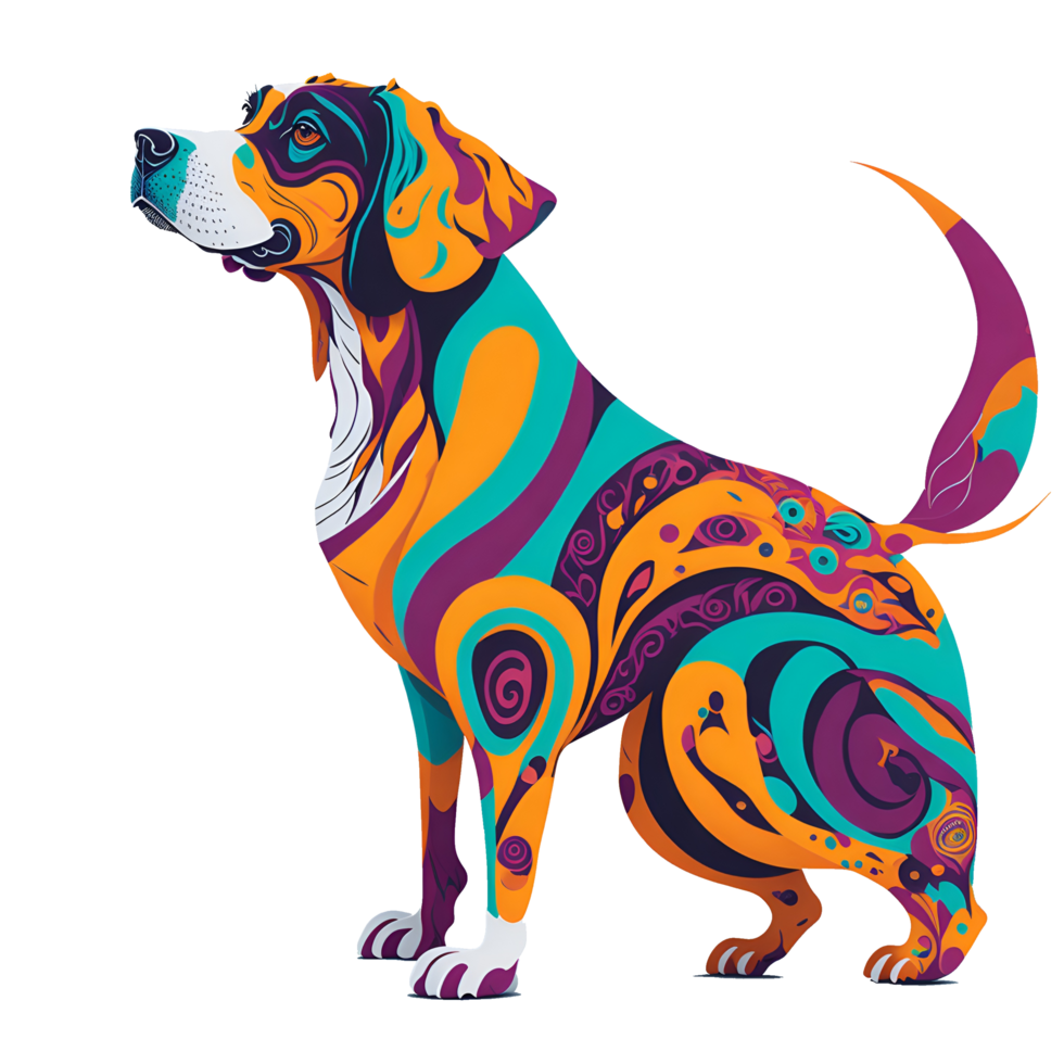 psychedelic, trippy design with abstract shapes and bright, bold colors representing a dog. png