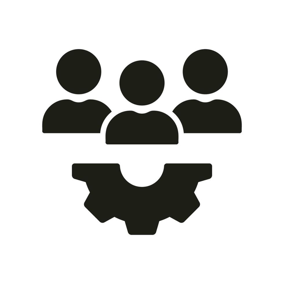Workforce Silhouette Icon. People with Gear, Team Work Glyph Pictogram. Project Management, Leader Solid Sign. Teamwork Symbol. Manager Sign with Cog Wheel. Isolated Vector Illustration.