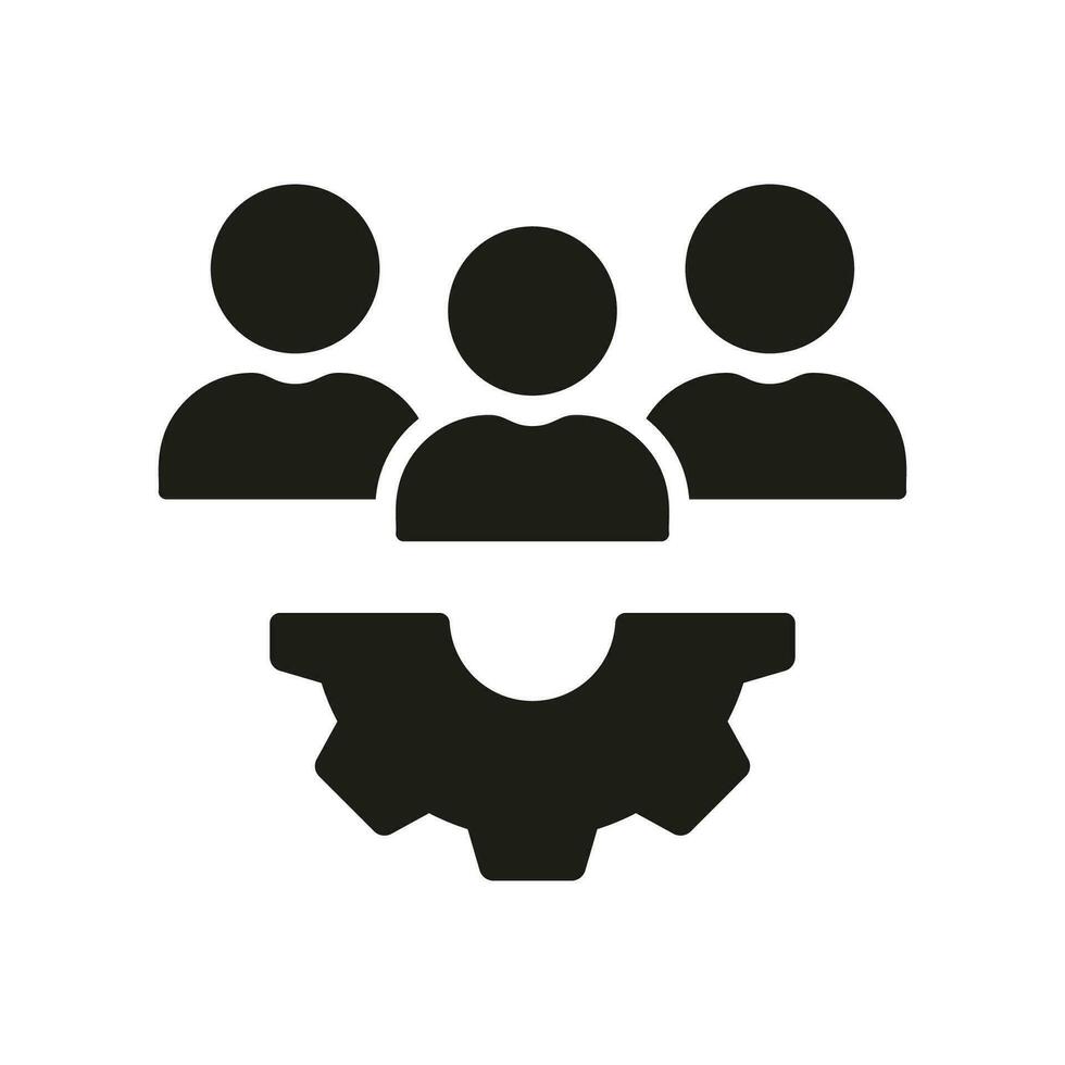 Workforce Silhouette Icon. People with Gear, Team Work Glyph Pictogram. Project Management, Leader Solid Sign. Teamwork Symbol. Manager Sign with Cog Wheel. Isolated Vector Illustration.