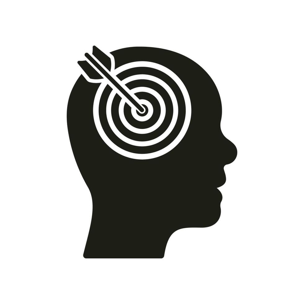 Goal, Focus, Target, Aim Silhouette Icon. Arrow in Human Brain Glyph Pictogram. Objective-Focused Person Solid Sign. Concentration Intellectual Process Symbol. Isolated Vector Illustration.