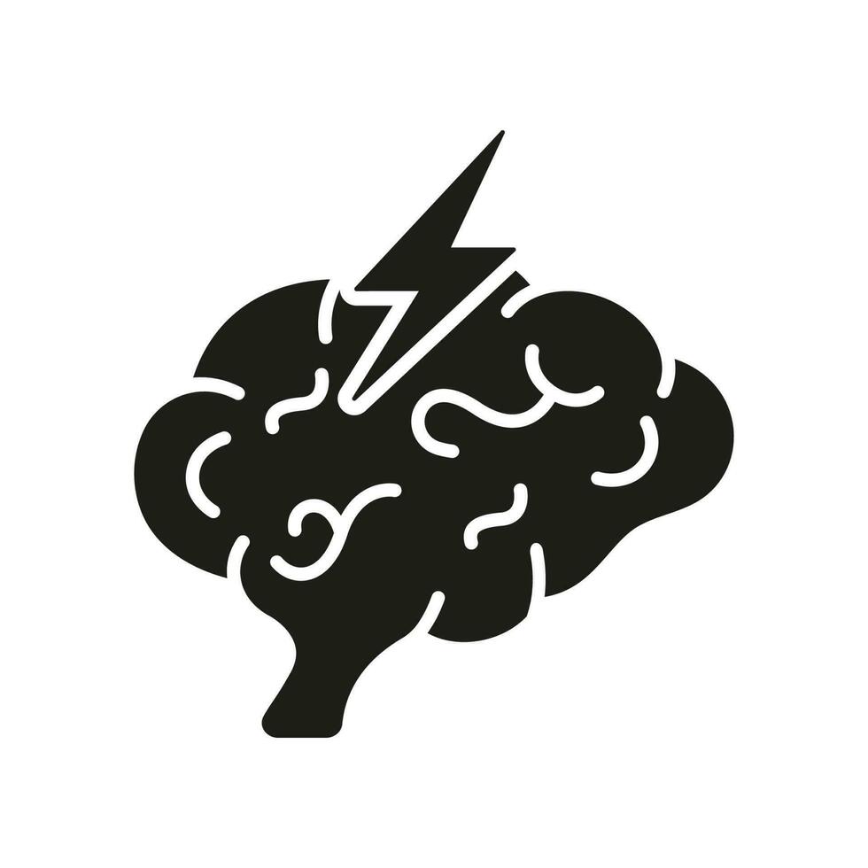 Stress, Mental Problem Silhouette Icon. Migraine, Cephalalgia, Depression Glyph Pictogram. Human Brain with Lightning Headache Solid Sign. Anxiety and Tension Symbol. Isolated Vector Illustration.