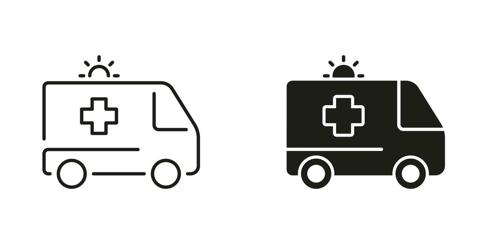 ambulancia línea y silueta negro icono colocar. paramédico transporte para primero ayuda Servicio símbolo recopilación. urgente médico ayuda signo. emergencia coche pictograma. aislado vector ilustración.