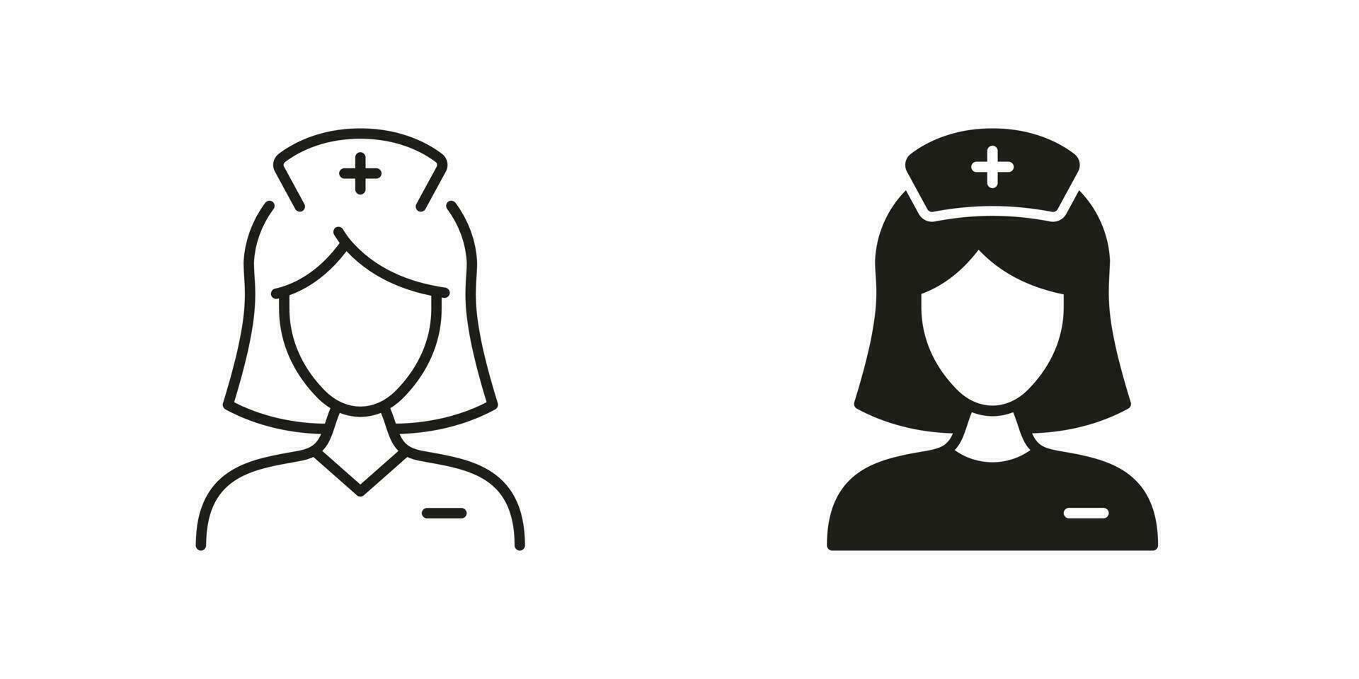 Hospital Staff Pictogram. Doctor Woman Line and Silhouette Black Icon Set. Female Medical Specialist Sign. Healthcare Physician Professional. Nurse Symbol Collection. Isolated Vector Illustration.