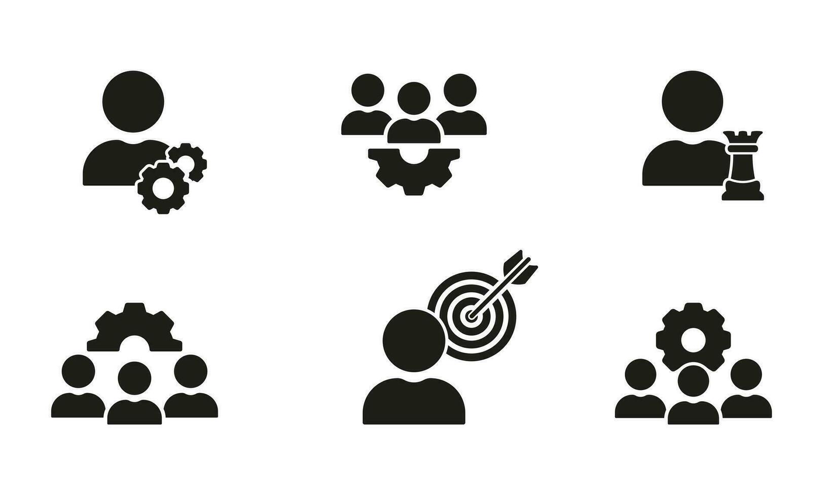 Strategic Objective Silhouette Icons Set. Efficiency Teamwork and Cooperation Glyph Pictogram Collection. Entrepreneur Target Solid Sign. Management Symbol Collection. Isolated Vector Illustration.
