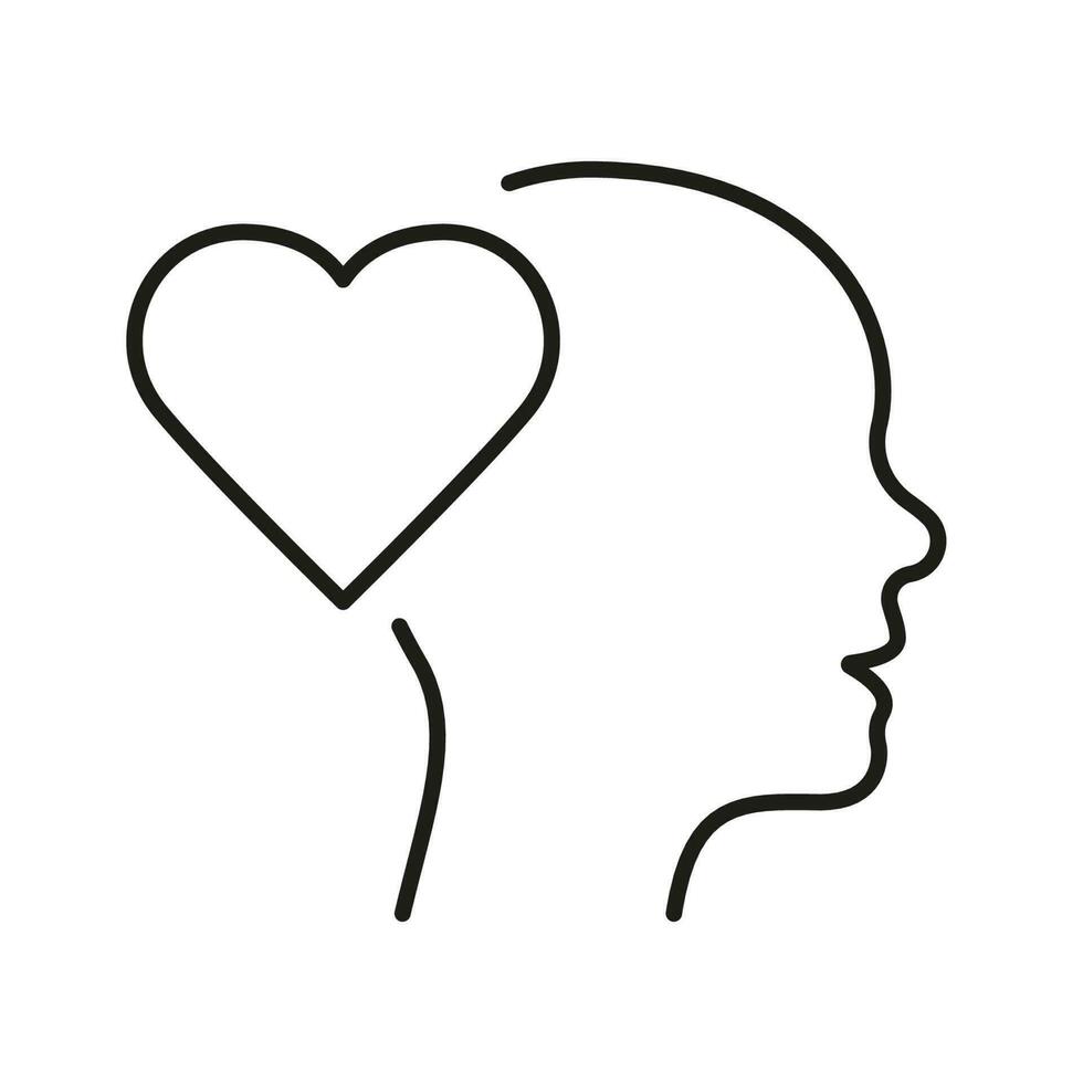 Empathy, Passion, Sympathy Feeling Line Icon. Human Head and Heart Shape Linear Pictogram. Kindness Emotion Outline Sign. Intellectual Process Symbol. Editable Stroke. Isolated Vector Illustration.