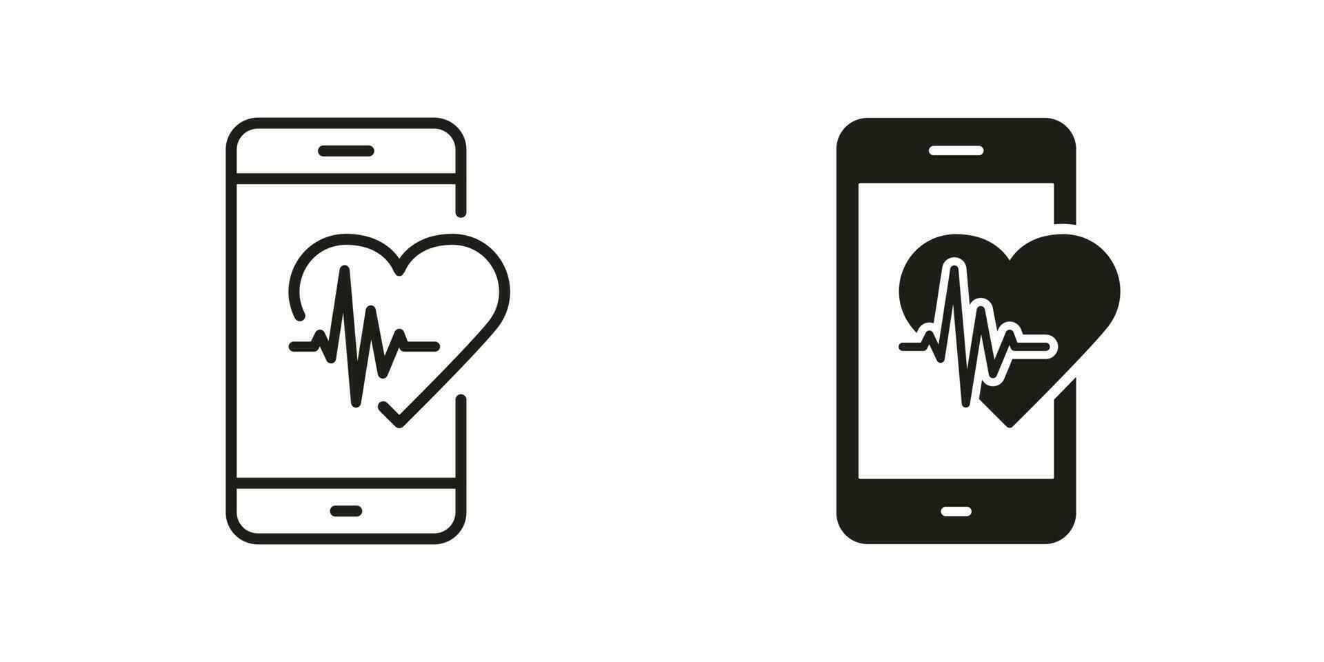 Heartbeat Rate in Smart Phone Line and Silhouette Black Icon Set. Mobile App for Sport. Heart Pulse Control in Smartphone. Modern Healthcare Technology Symbol Collection. Isolated Vector Illustration.