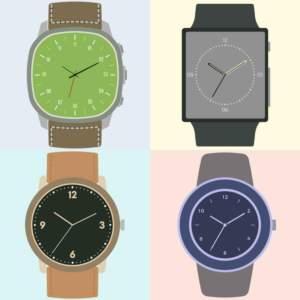 Set of four watches. Clock face with hour, minute and second hands. Vector illustration.