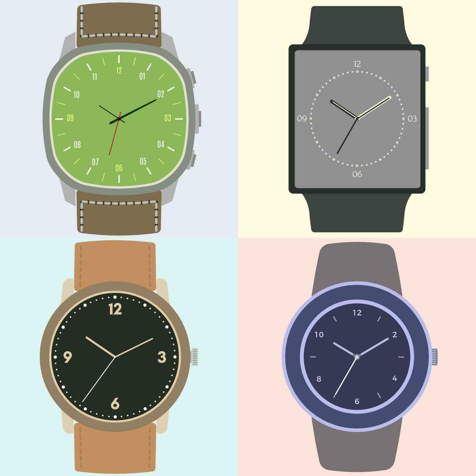 conjunto de cuatro relojes. reloj cara con hora, minuto y segundo manos. vector ilustración.