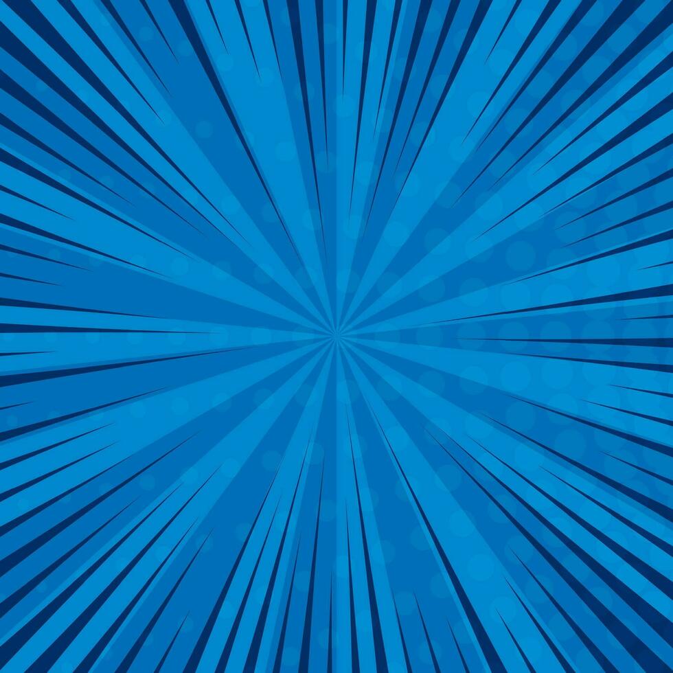Blue comic book page background in pop art style with empty space. Template with rays, dots and halftone effect texture. Vector illustration