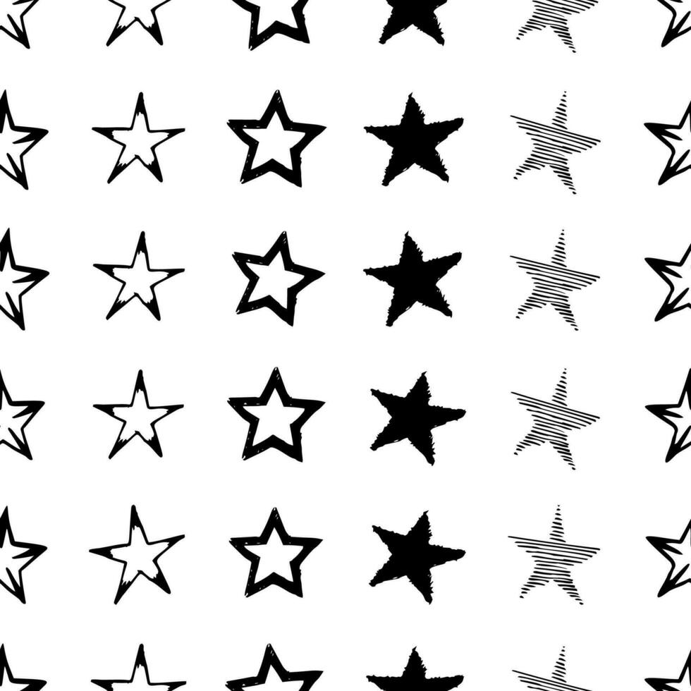 Seamless background of doodle stars. Black hand drawn stars on white background. Vector illustration