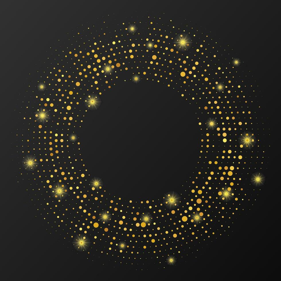 Abstract gold glowing halftone dotted background. Gold glitter pattern in circle form. Circle halftone dots. Vector illustration