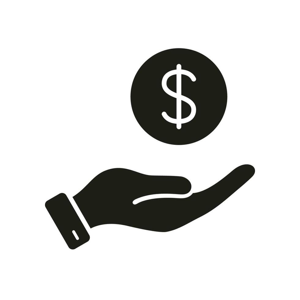 Save Money Silhouette Icon. Dollar Coin in Human Hand Symbol, Collect Savings. Salary, Finance Payment Glyph Pictogram. Business Wealth and Financial Economy Solid Sign. Isolated Vector Illustration.