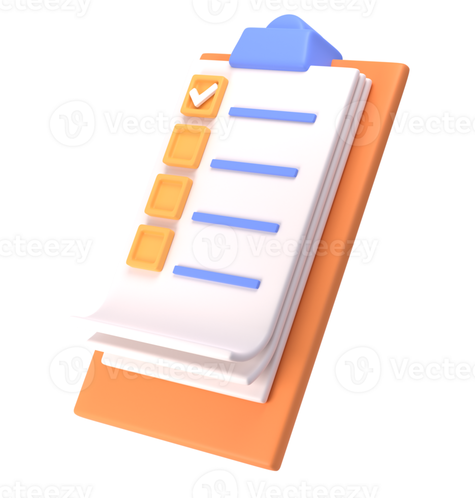 3d white clipboard icon task management todo check list on orange plane background. Work project plan concept, isolated transparent png, posting plan. productivity checklist png
