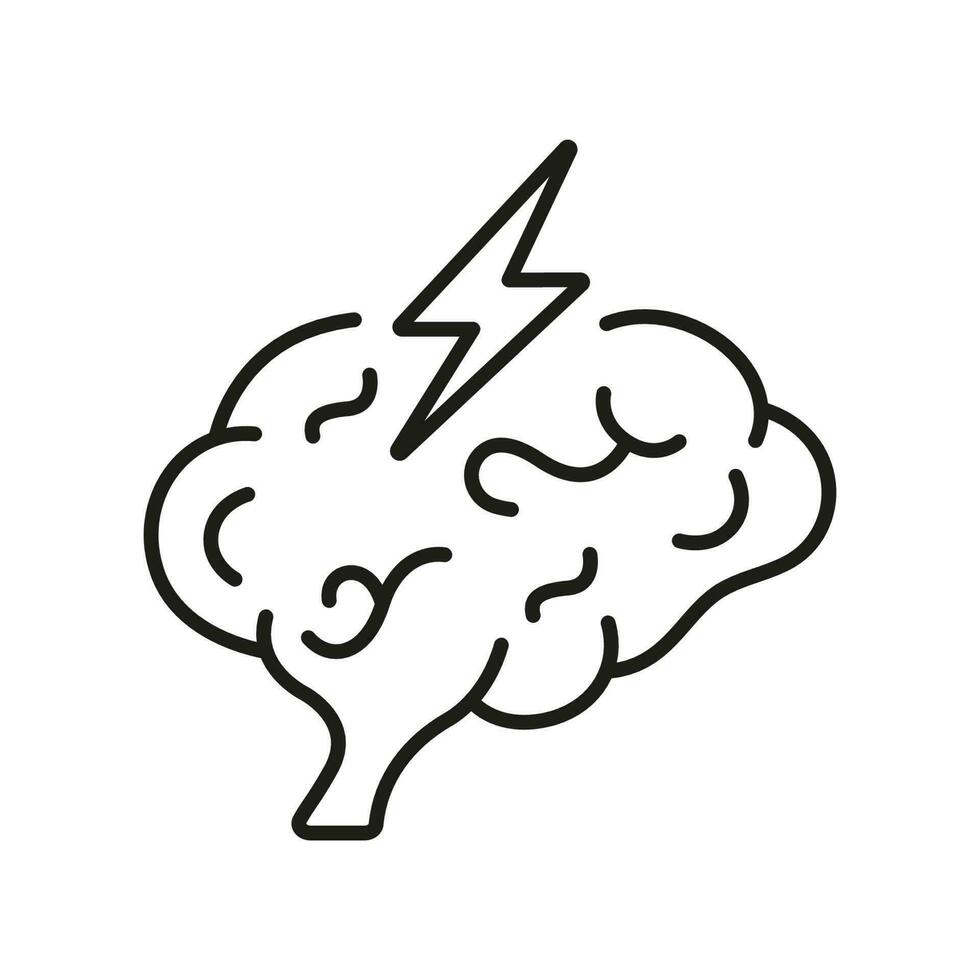 Stress, Mental Ill Concept Line Icon. Depression, Migraine Linear Pictogram. Distress Outline Sign. Human Brain with Lightning Headache Symbol. Editable Stroke. Isolated Vector Illustration.