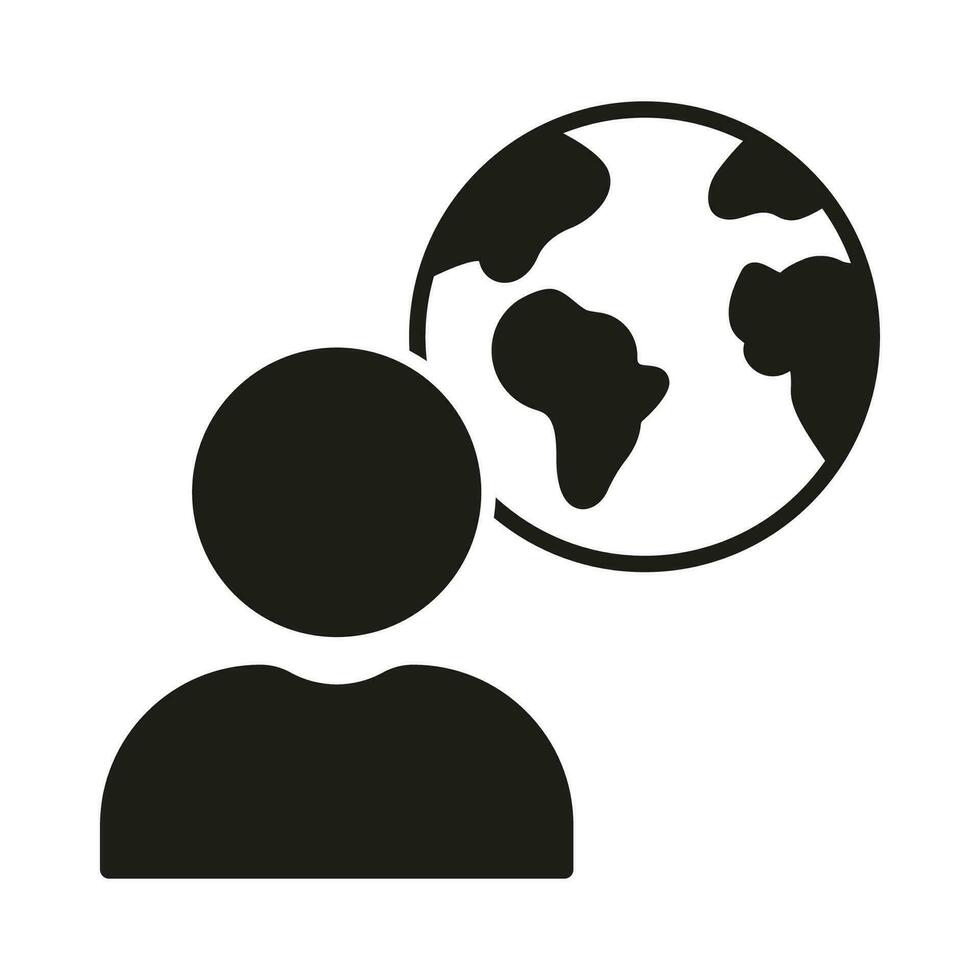 Global Business Silhouette Icon. Worldwide Communication Glyph Pictogram. Globe and Person Solid Sign. Human and Planet Earth, International Partnership Symbol. Isolated Vector Illustration.