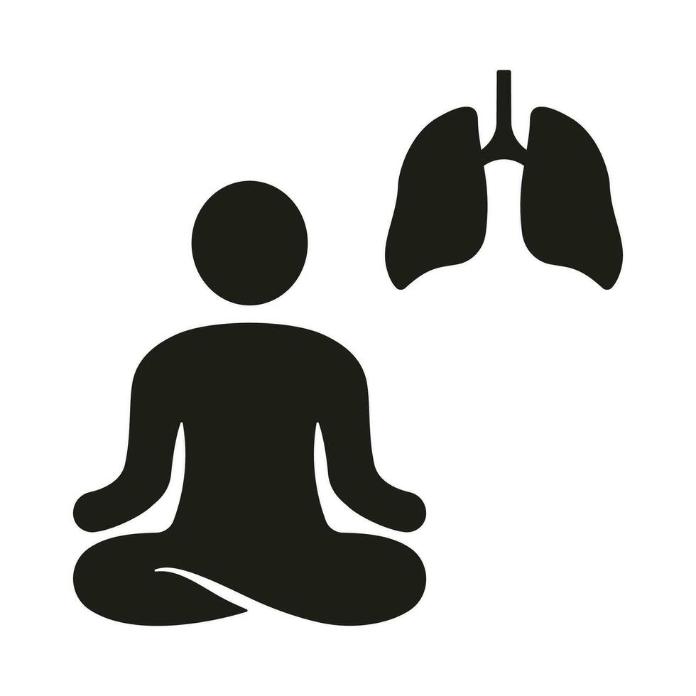 Deep Breath Exercise, Mindfulness Relaxation Silhouette Icon. Person Do Yoga for Wellness Glyph Pictogram. Lotus Pose and Human Lungs Solid Symbol. Isolated Vector Illustration.