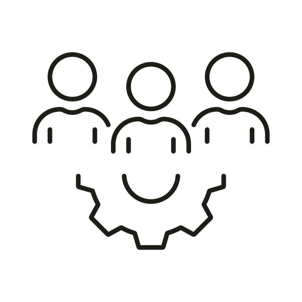Team Work, People with Gear Line Icon. Workforce Linear Pictogram. Teamwork, Leader, Project Management Outline Symbol. Manager Sign with Cog Wheel. Editable Stroke. Isolated Vector Illustration.