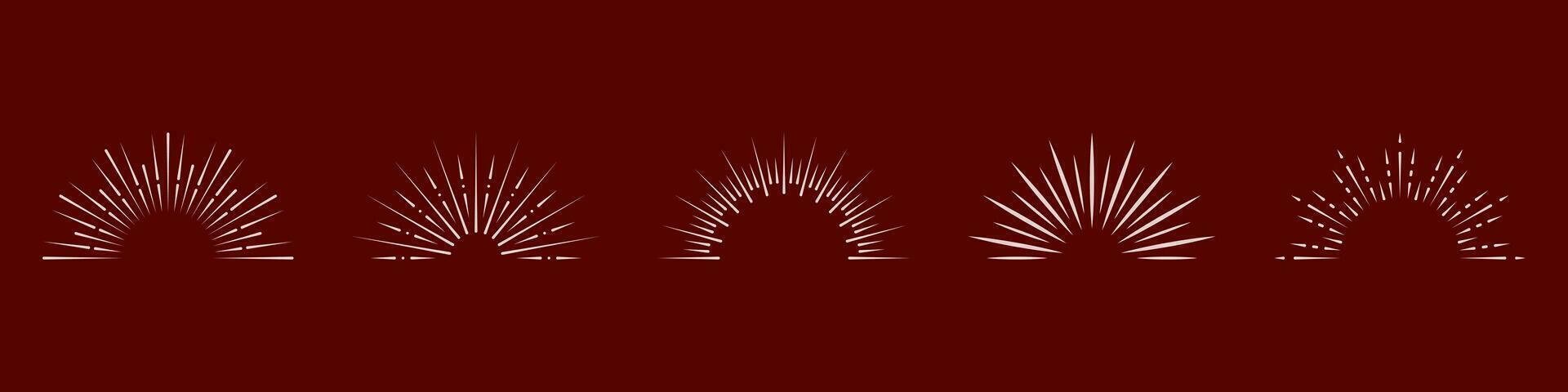 Radial Sunburst, Circle Sun Burst Icon Set. Vintage Decoration. Sunbeam, Round Ray Symbol Collection. Sunrise Light Pictogram. Abstract Firework, Sparkle Starburst. Isolated Vector Illustration.