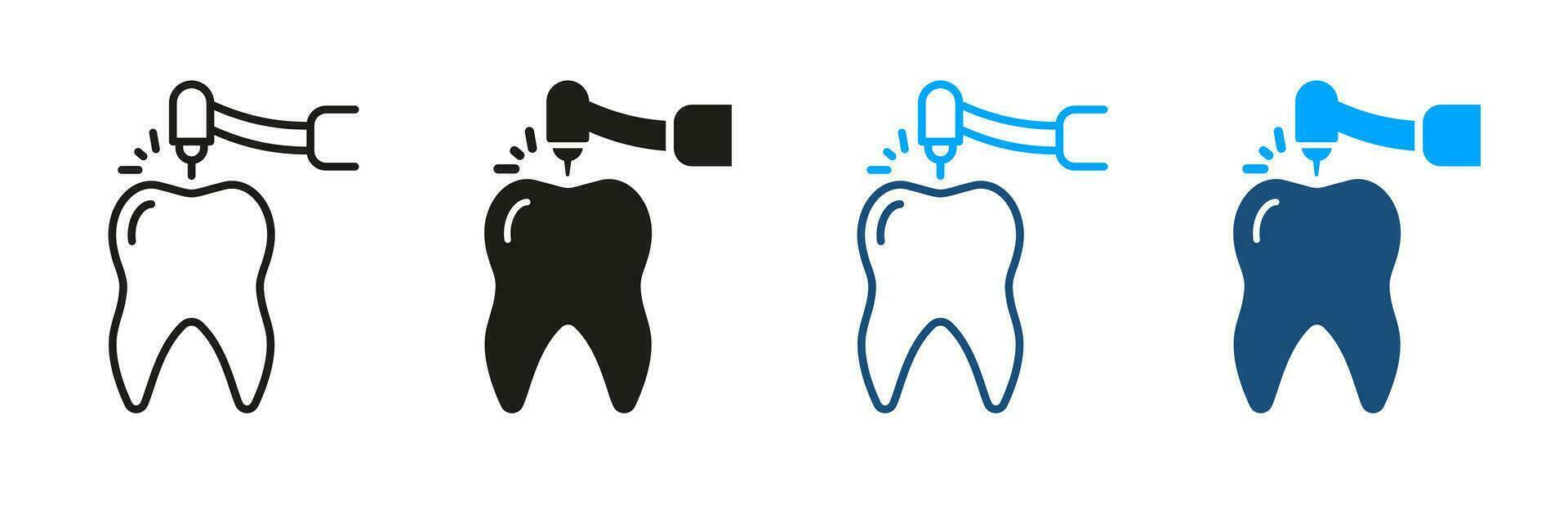 Dentist's Instrument Symbol Collection. Drilling Tooth Silhouette and Line Icons Set. Root Canal Treatment Pictogram. Dentist Drills Teeth, Endodontics Procedure. Isolated Vector Illustration.