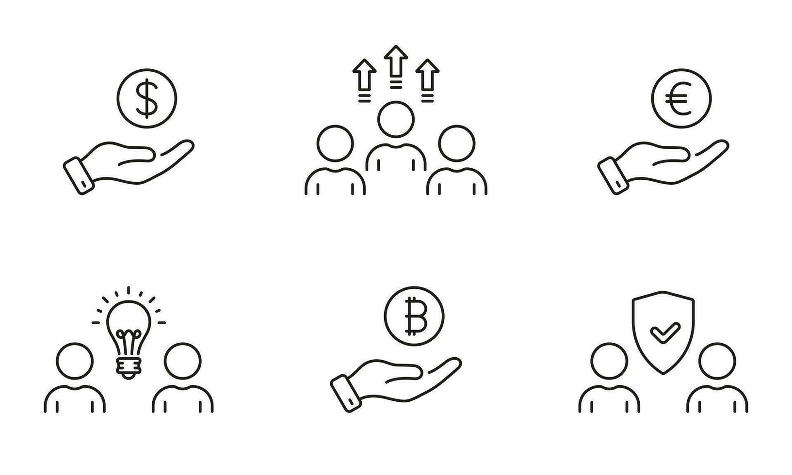 Finance Growth Line Icon Set. Teamwork Development and Find Solution Linear Pictogram. Dollar, Euro, Bitcoin in Human Hand Outline Symbol. Money Payment. Editable Stroke. Isolated Vector Illustration.