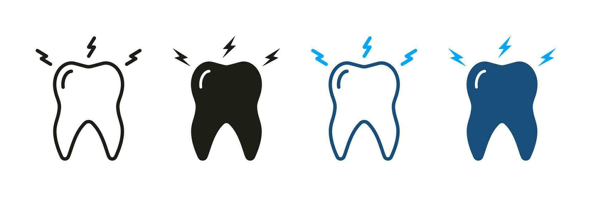Toothache Silhouette and Line Icon Set. Dental Treatment Sign. Teeth Pain, Oral Problem Pictogram. Tooth Sensitivity, Ache, Painful Symbol Collection. Isolated Vector Illustration.
