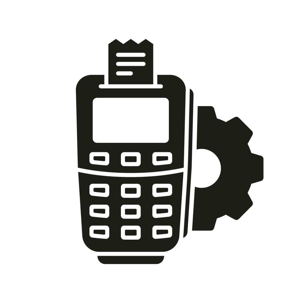 Bank Terminal Options Silhouette Icon. Financial Settings on POS Glyph Pictogram. Finance Electronic Wireless Device Solid Sign. Setup Money Banking Payment Symbol. Isolated Vector Illustration.