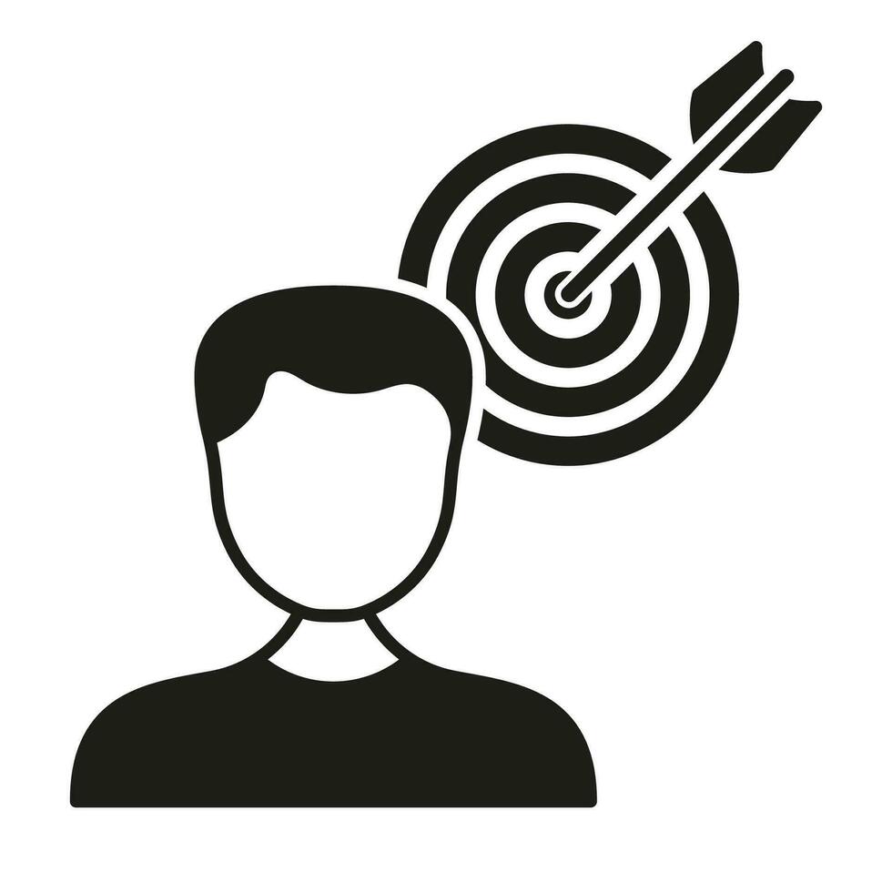 Object Oriented Silhouette Icon. Human Strategy Target, Aim Focus Glyph Pictogram. Person with Goal Symbol. Dartboard Bullseye and Arrow Solid Sign. Isolated Vector Illustration.